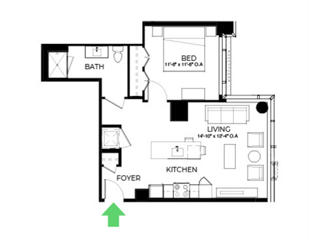 Floor plan for 1 bed, 1 bath, 677 sqft